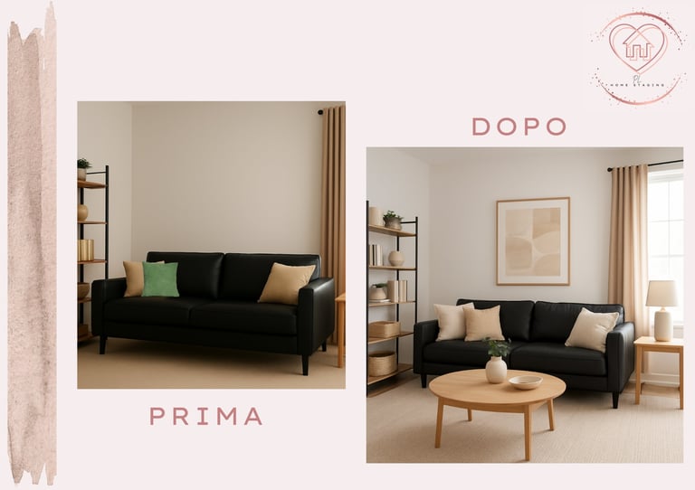 Before and after comparison of living room styling with black sofa, showing minimalist setup on left and styled setup with wooden table and accessories on right
