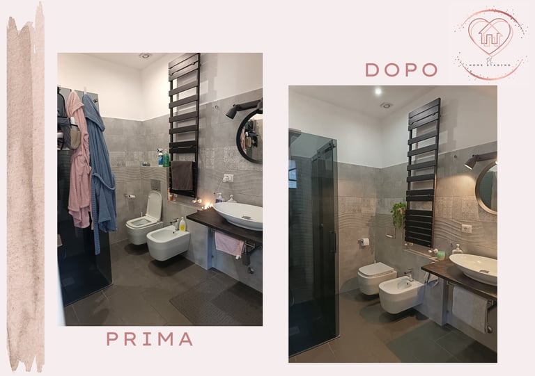 Before and after bathroom renovation comparison showing updated fixtures, tiling, and modern heated towel rack installation