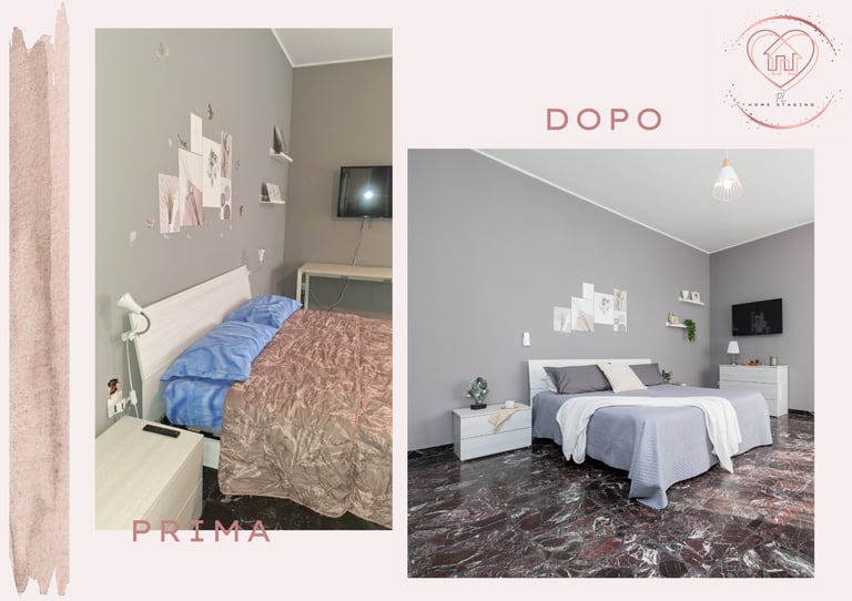 Before and after bedroom transformation with text PRIMA and DOPO showing renovated space with updated bed, walls, and decor