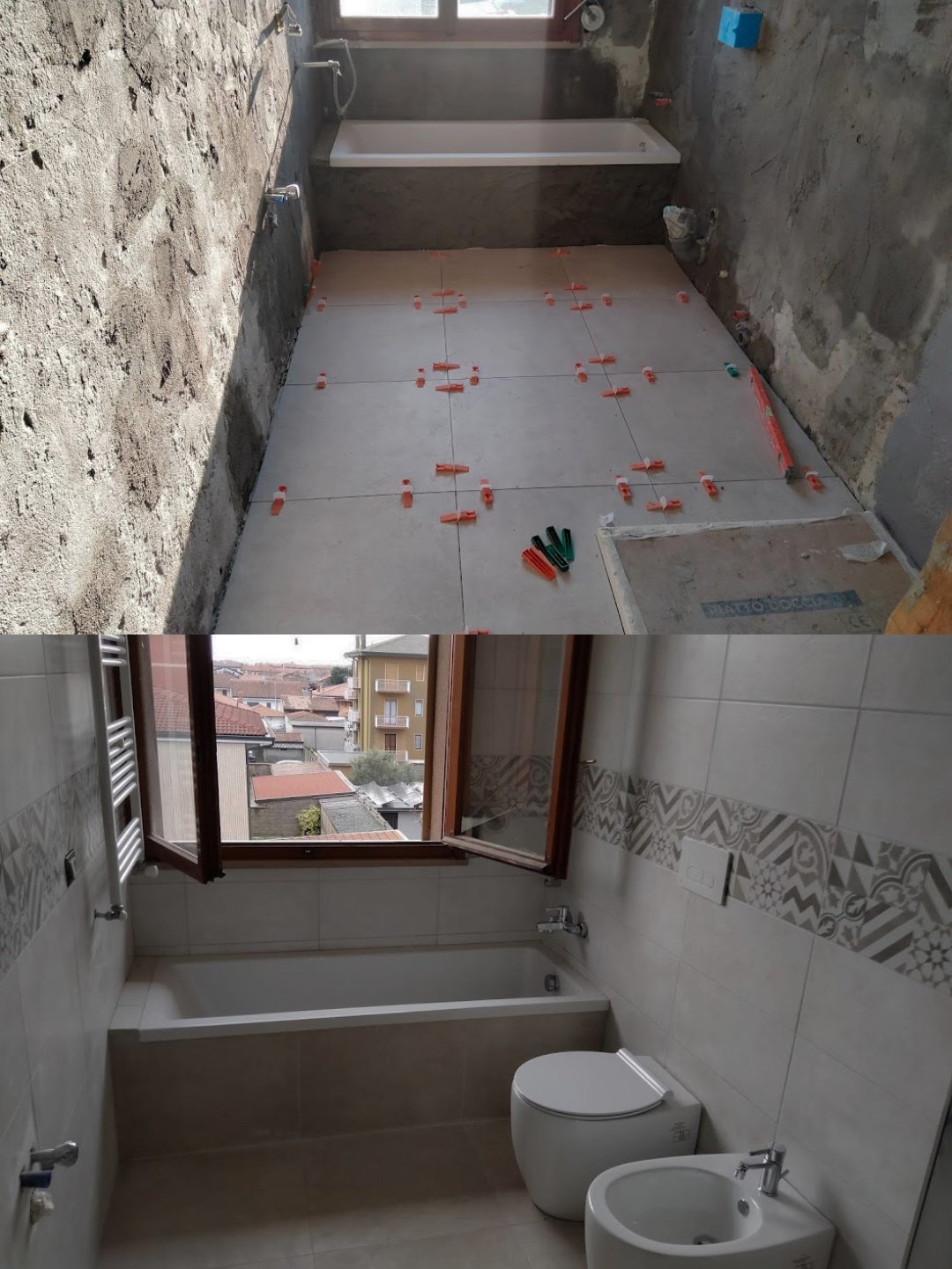Bathroom under renovation showing tiled floor with spacer marks, bare walls, window, toilet, and bidet fixture