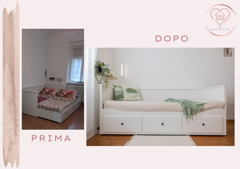 Before and after bedroom transformation: left shows cramped room with patterned bedding, right shows modern white daybed with storage drawers