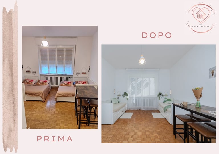 Before and after home renovation comparison showing a bedroom transformed from cluttered to minimalist with improved lighting and decor