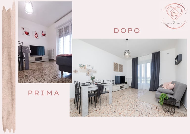 Before and after home interior design transformation showing living room renovation with updated furniture, lighting, and decor