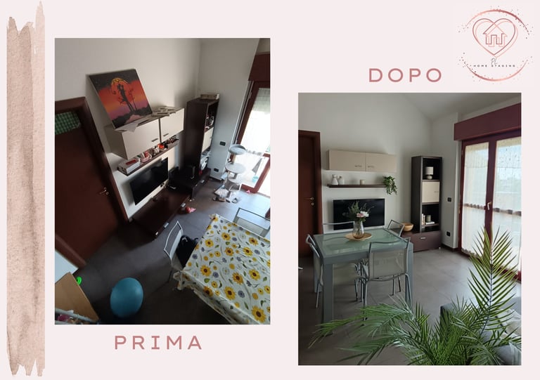 Before and after room transformation labeled Prima and Dopo, showing bedroom renovation from cramped space to open living area with plants and modern furniture