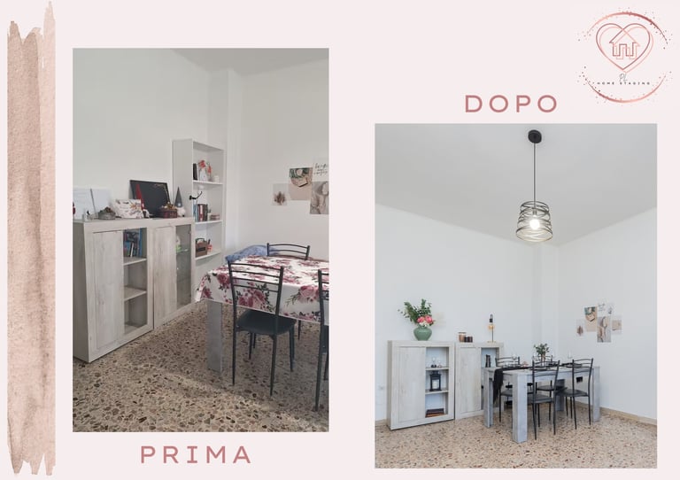 Before and after room transformation showing a bedroom desk area before and a minimalist dining space after renovation by DOPO design